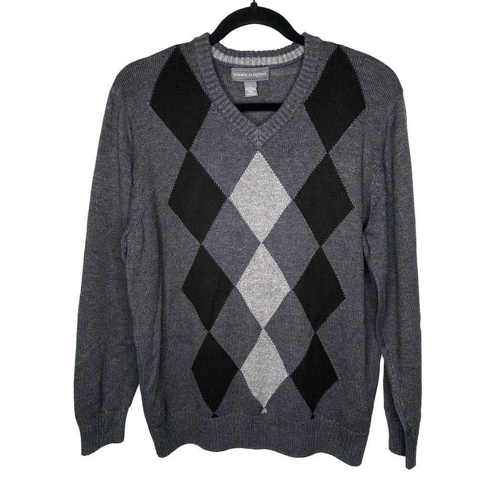 Tricots St Raphael Men's V-Neck Pullover Sweater Dark Gray Argyle Pattern Size L